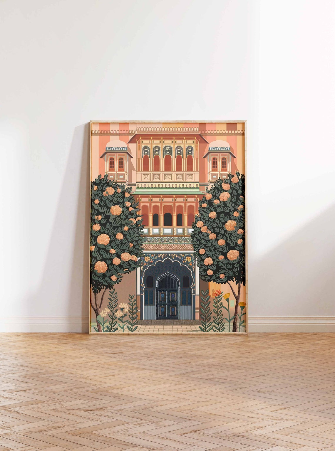 Indian Haveli Palace Flowering Trees Traditional Artwork Poster - Image 2