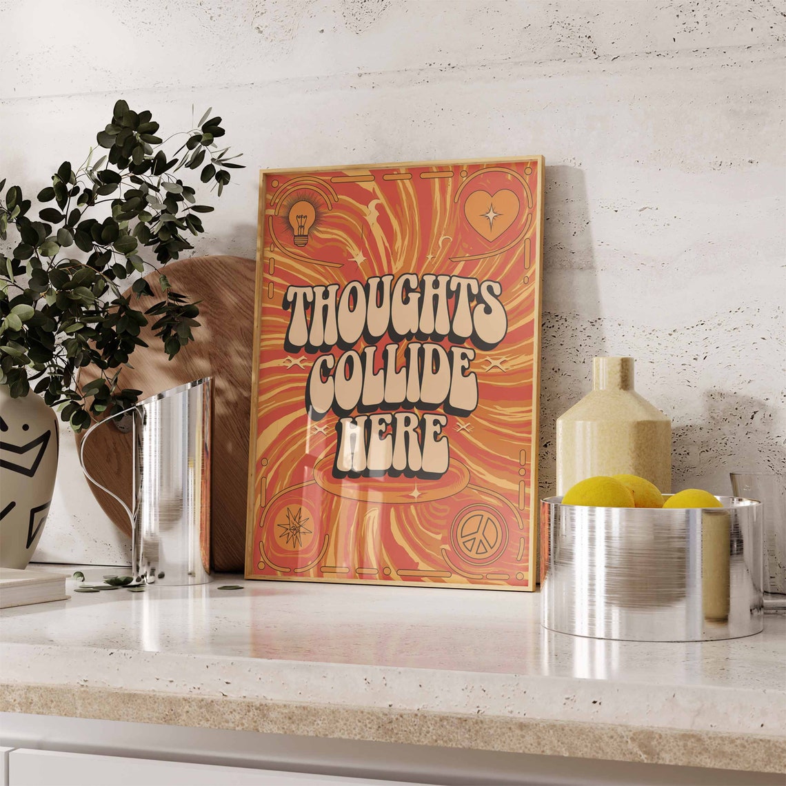 Thoughts Collide Here 70s Bubble Letter Swirl Retro Art Poster - Image 3