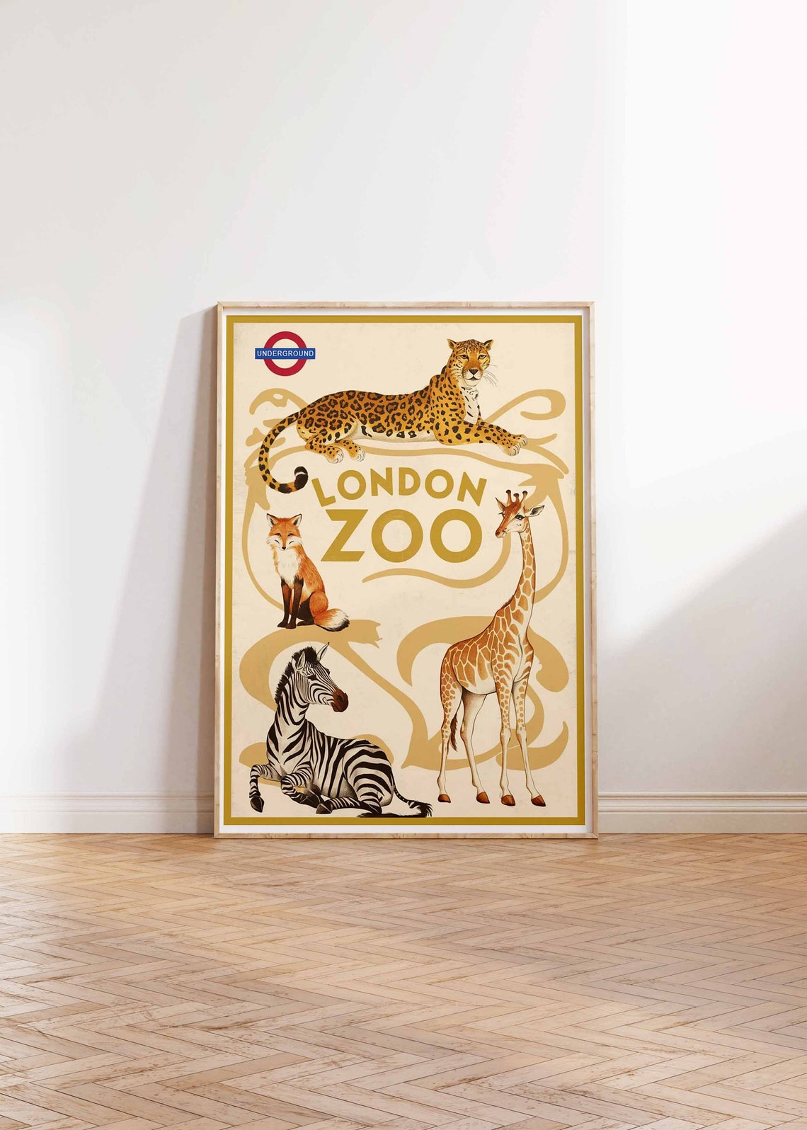 London Zoo Leopard Giraffe Zebra Vintage Travel Art Poster Scene - Image 2