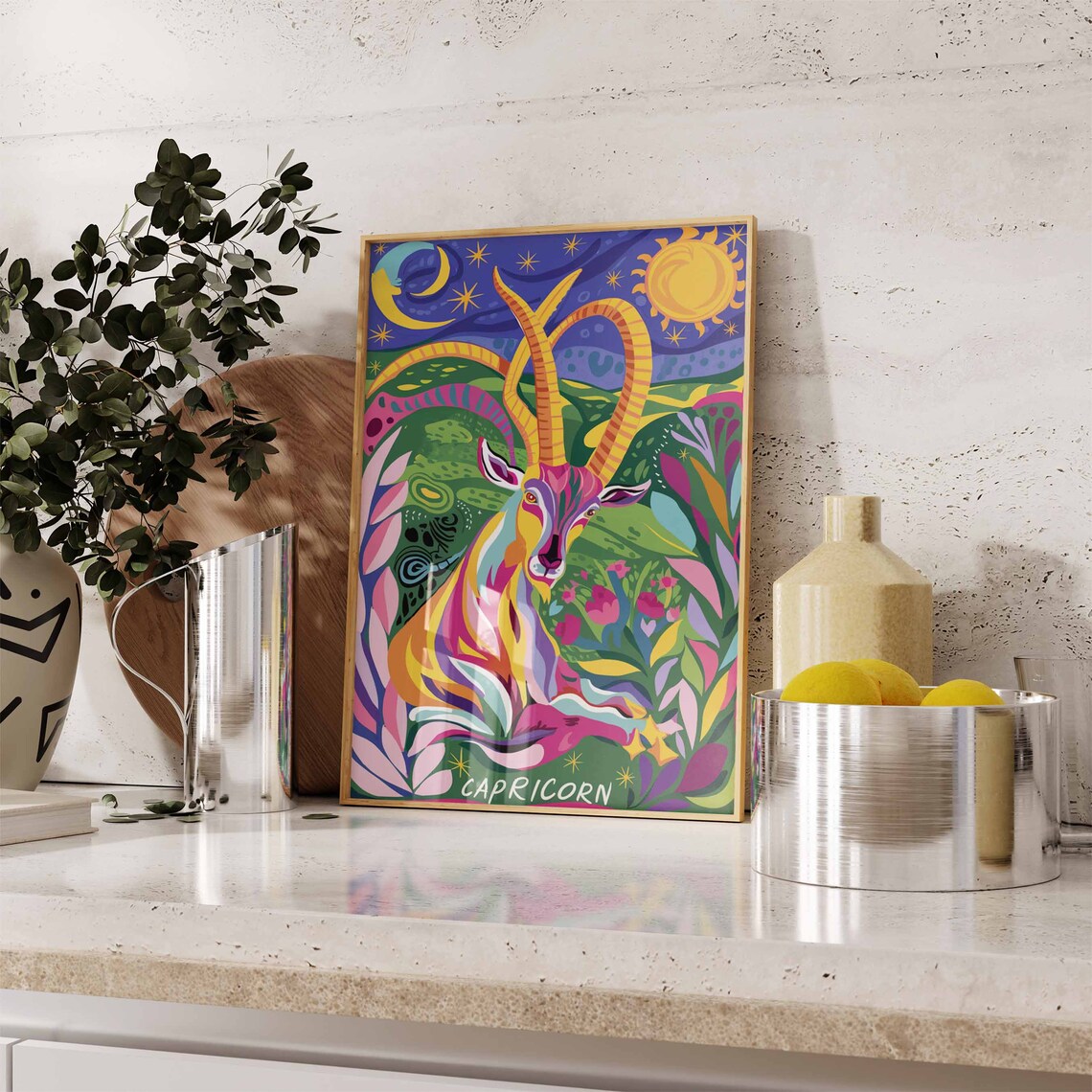 Capricorn Zodiac Goat Long Horns Tropical Leaves Celestial Poster - Image 3