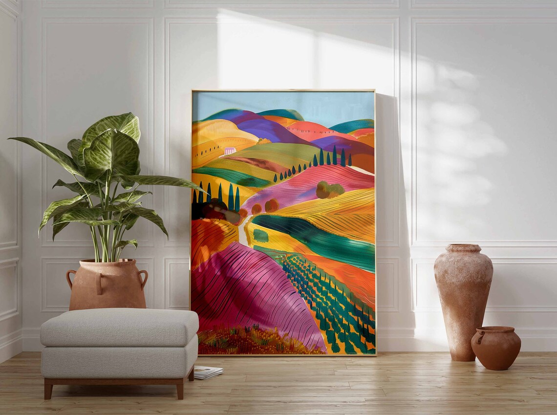 Vineyard Valley Cypress Trees Colorful Landscape Art Print Wall Decor - Image 3