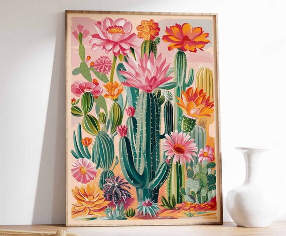 Colorful Flowering Cactus Vintage Mexican Botanical Art Poster