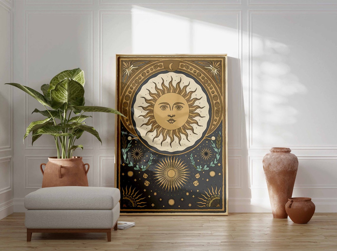 Ornate Golden Sun Medallion On Slate Blue Geometric Art Poster - Image 3