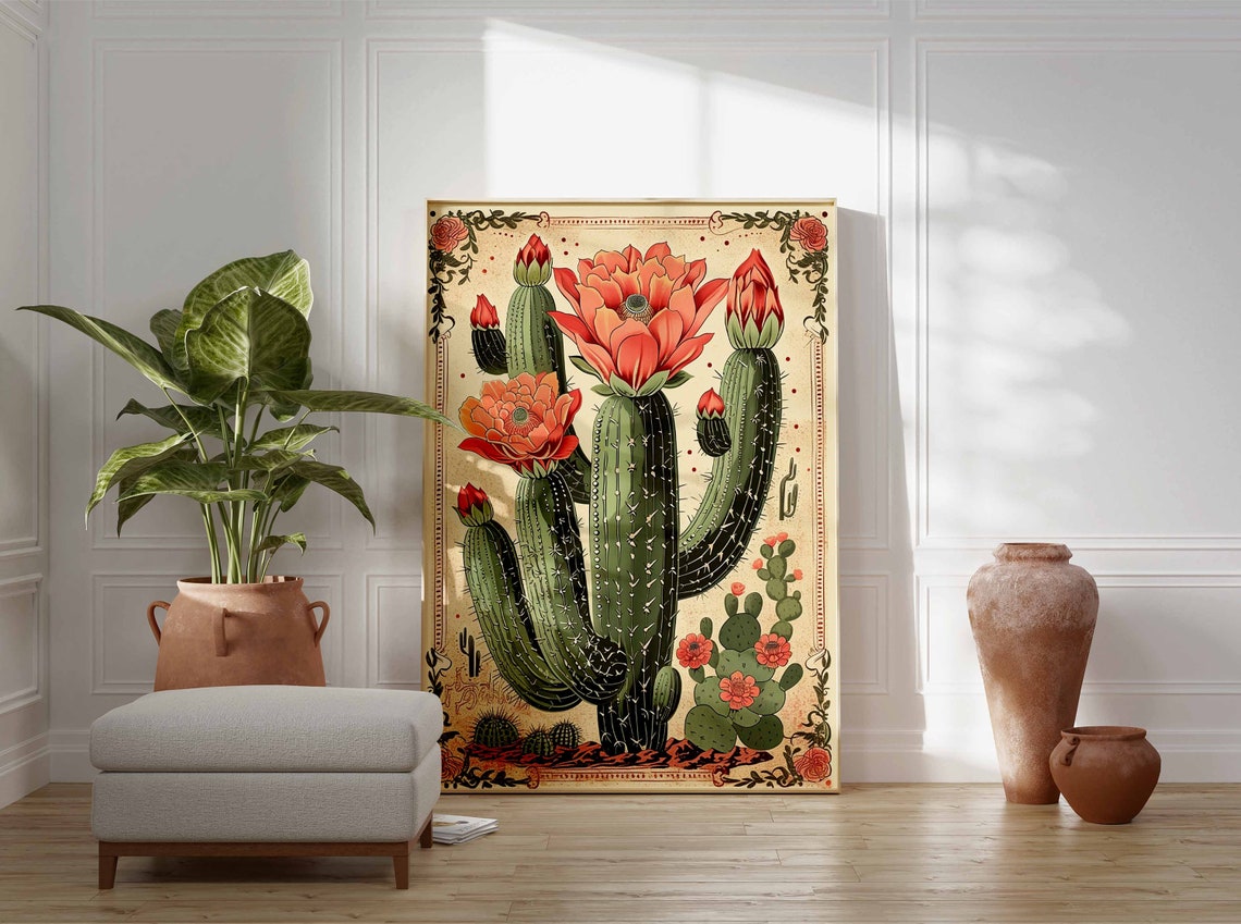 Vintage Mexican Cactus Blossom Botanical Border Desert Art Poster - Image 3