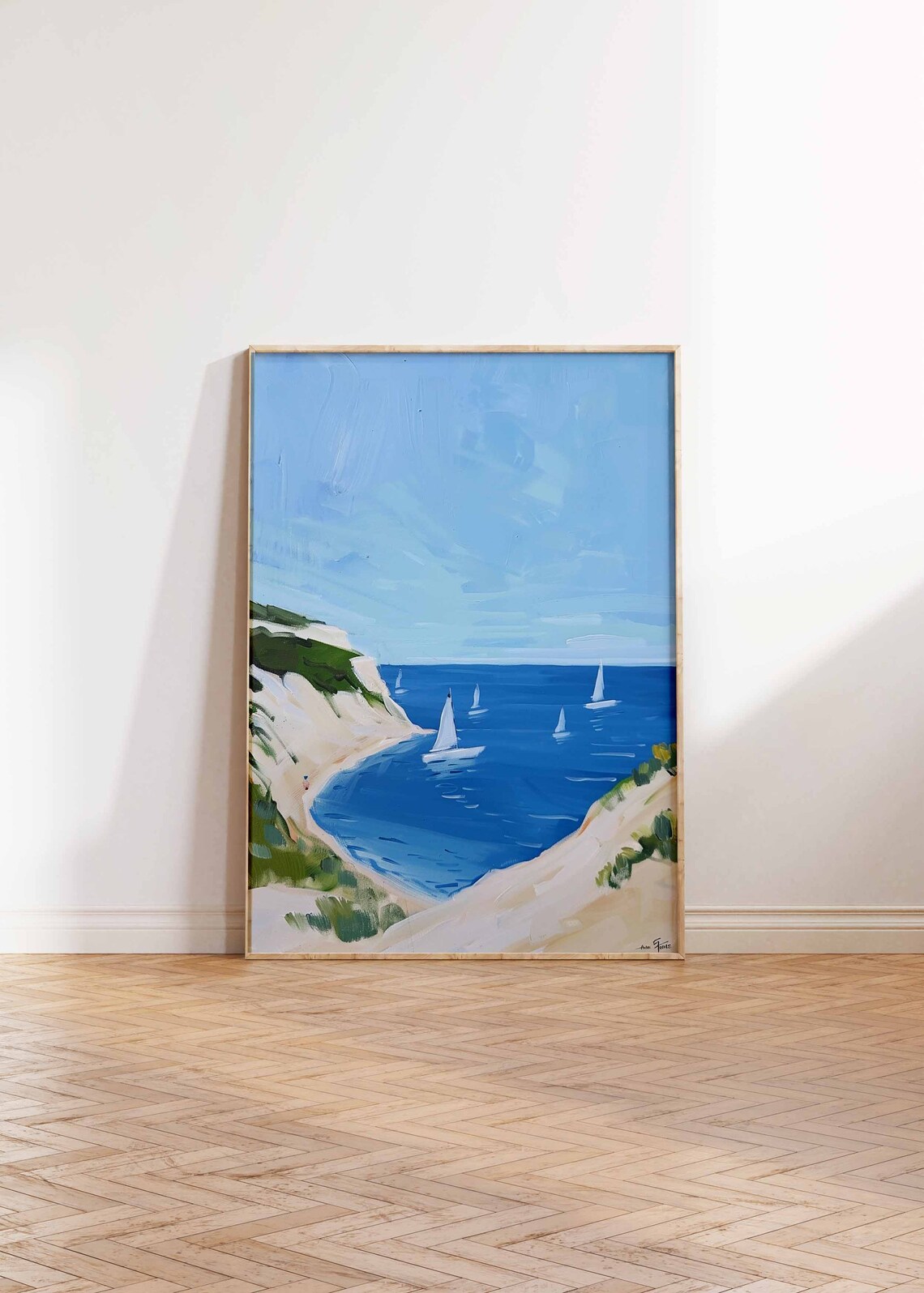 Sunny Cliffs and Sailboats Blue Coastal Seascape Painting Print - Image 2