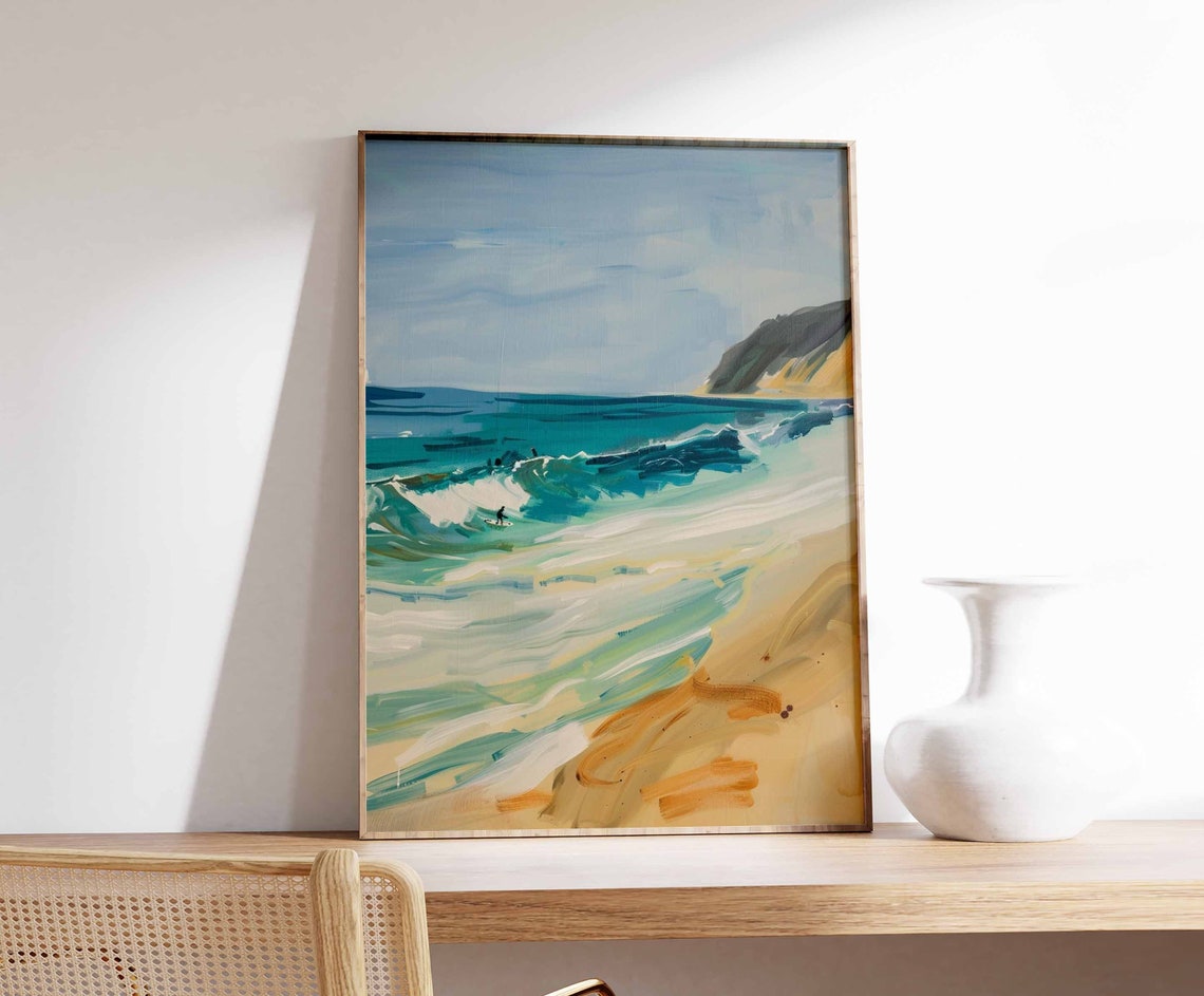 Breaking Ocean Wave Surfer Painterly Beach Cove Seascape Wall Art