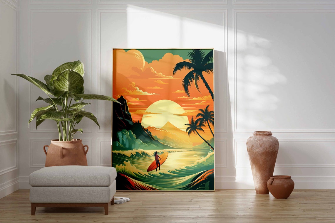 Retro Surf Sunset Palm Beach Tropical Wave Illustration Style Poster - Image 3