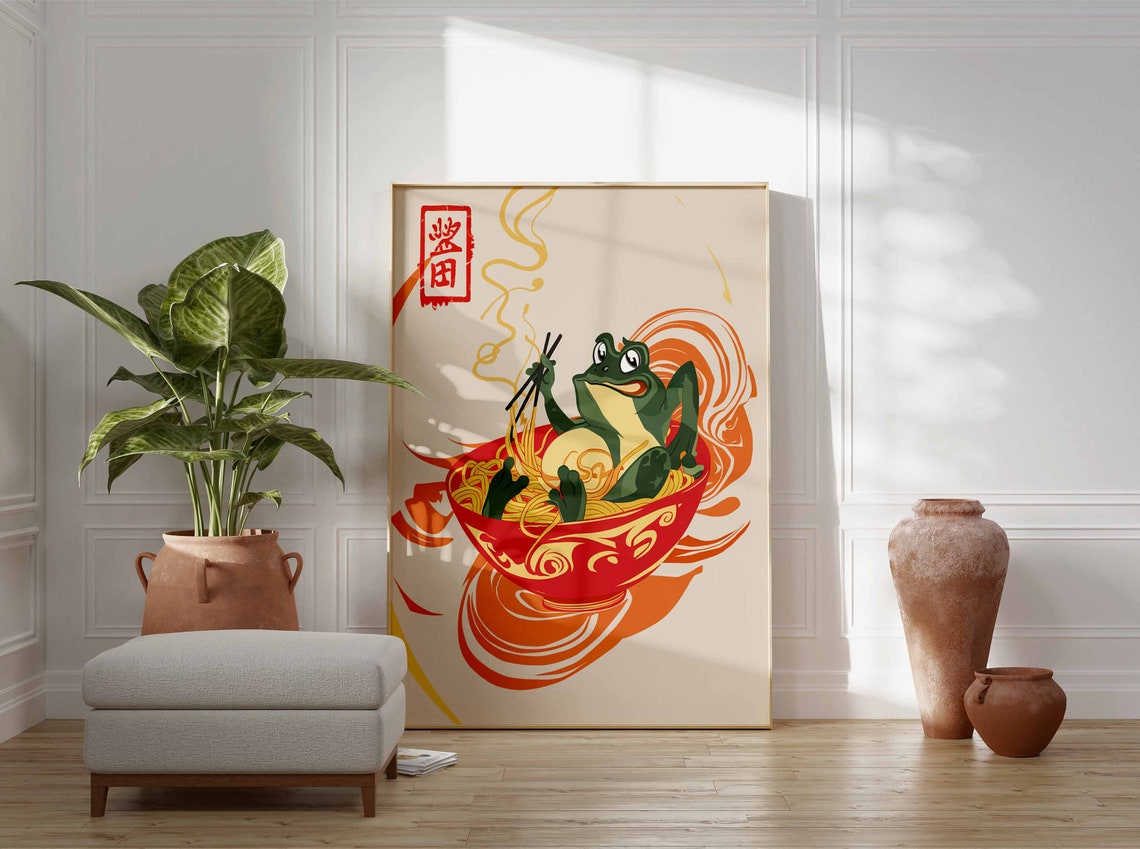Happy Frog Ramen Noodle Bowl Chopsticks Japanese Humor Art Poster - Image 2