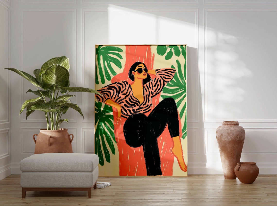 Woman in Sunglasses Zebra Blouse Bold Colorful Tropical Art Poster - Image 2