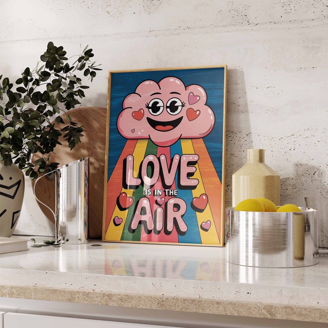 Love Is in the Air Groovy Retro Pop Cloud Rainbow Hearts Poster - Image 3