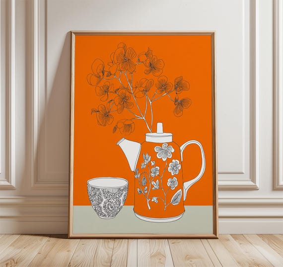 Vintage Teapot Poster Retro Kitchen Wall Art Print Modern Minimalist Home Decor Bold Orange Floral Artwork Scandinavian Style