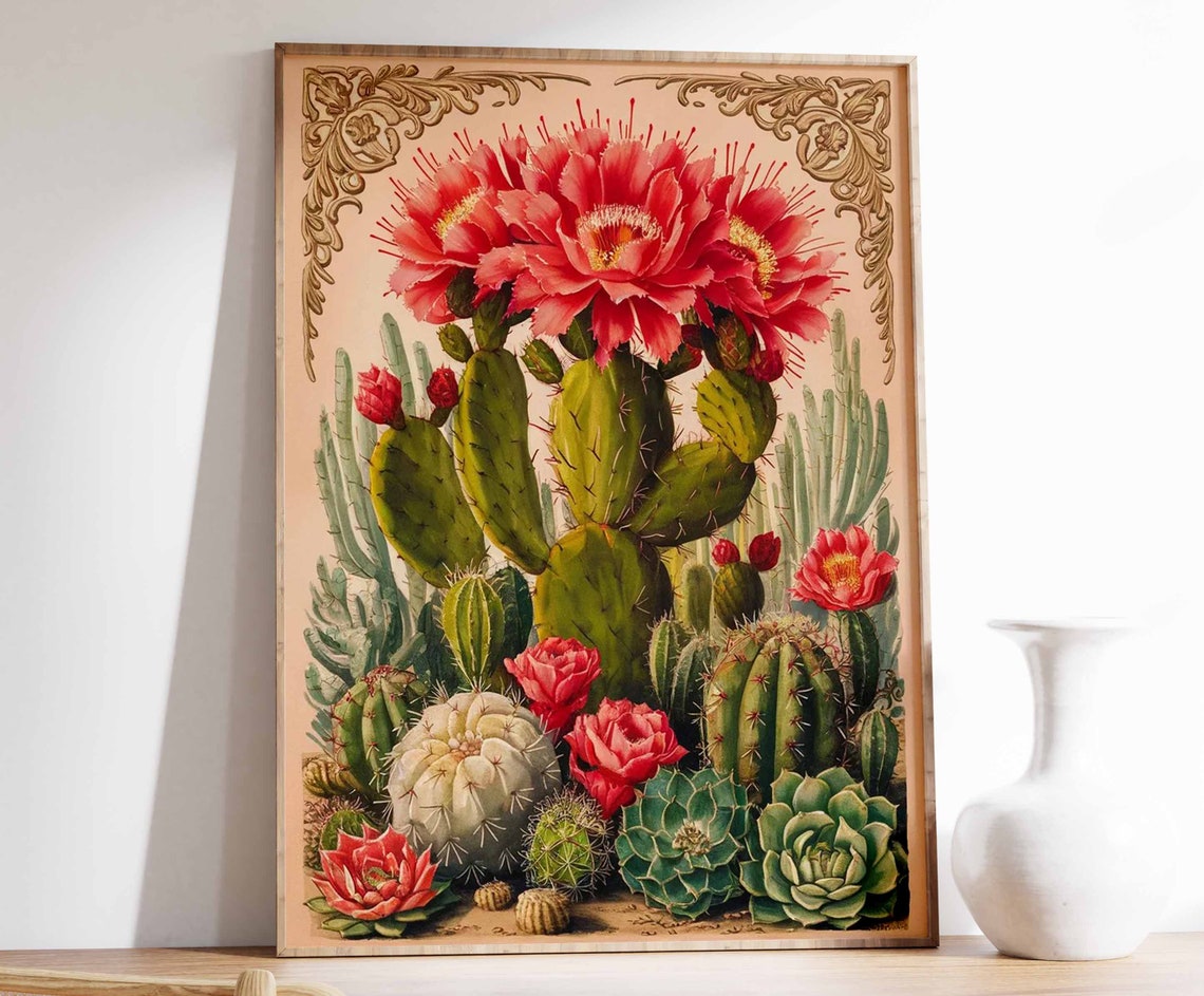 Prickly Pear Opuntia Pink Blooms Gold Corner Botanical Poster