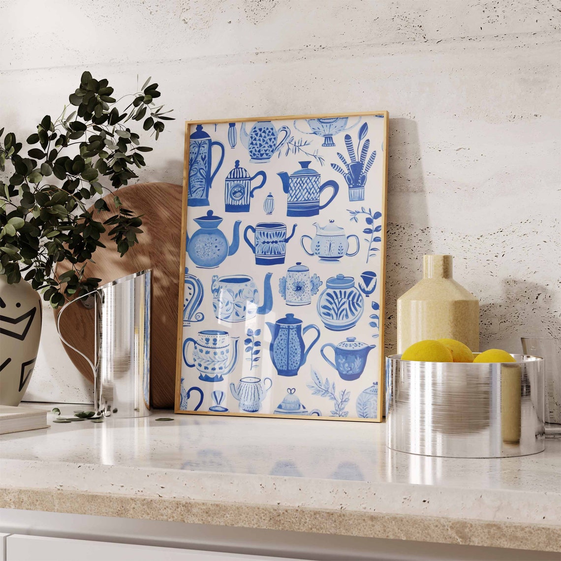 Blue and White Teapot Collection Retro Kitchen Illustration Poster - Image 2