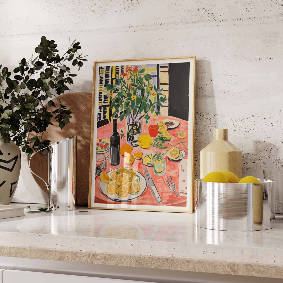 Fauvist Still Life Lemons Wine Bottle Pink Tablecloth Painting Poster - Image 2