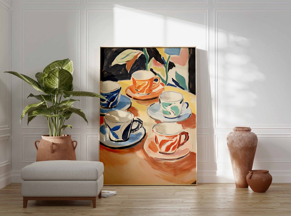Hand Painted Coffee Cups Still Life Kitchen Poster With Colorful Art - Image 3