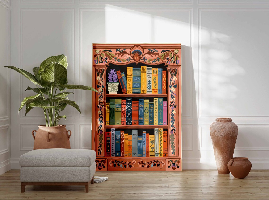 Ornate Peach Bookshelf Vintage Library Floral Frame Art Poster - Image 3