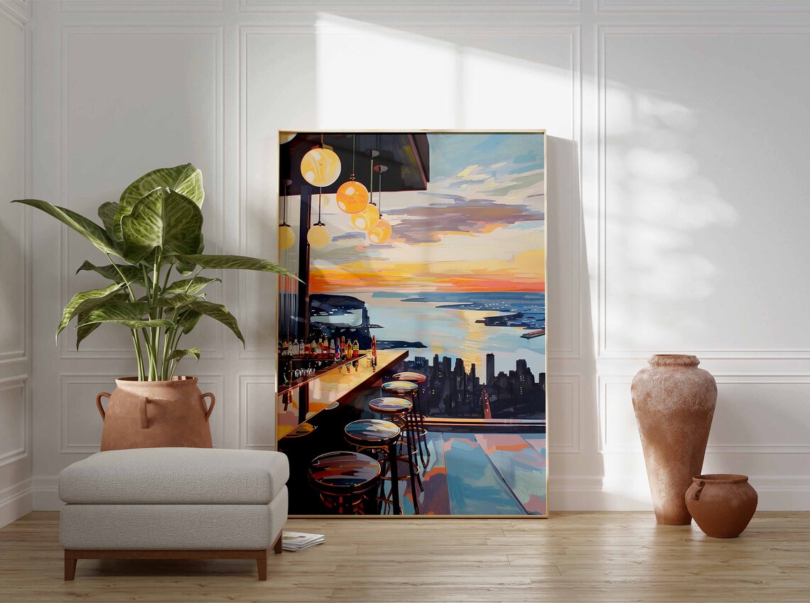Rooftop Cocktail Bar Sunset City Skyline View Painting Style Poster - Image 3