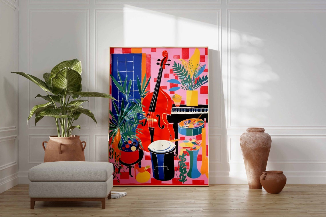 Colorful Jazz Instruments Double Bass Piano Still Life Art Poster - Image 3