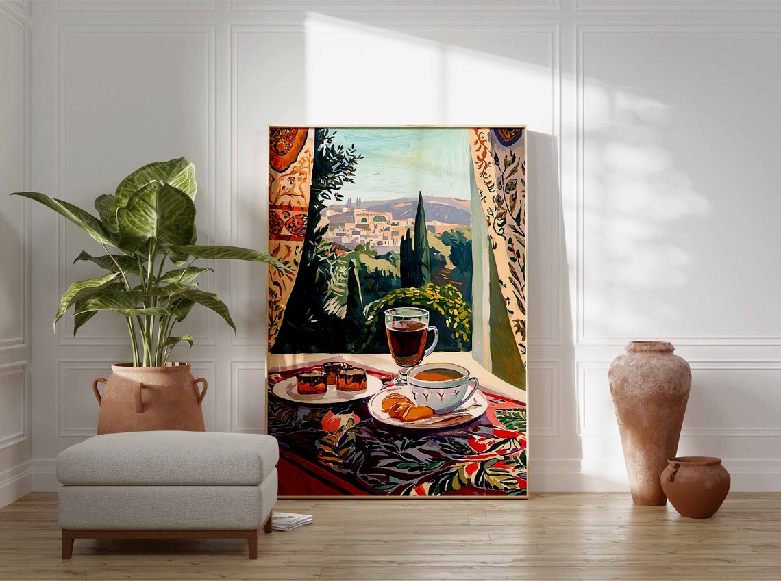 Tea and Cakes City View Window Patterned Rug Table Art Poster - Image 3