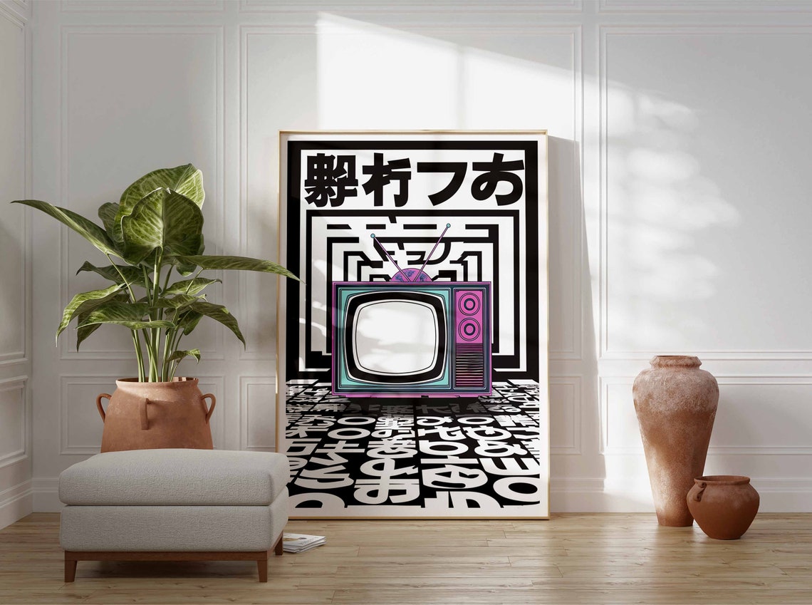 Retro Japanese Techno TV Art Poster Neon Black White Graphic - Image 3