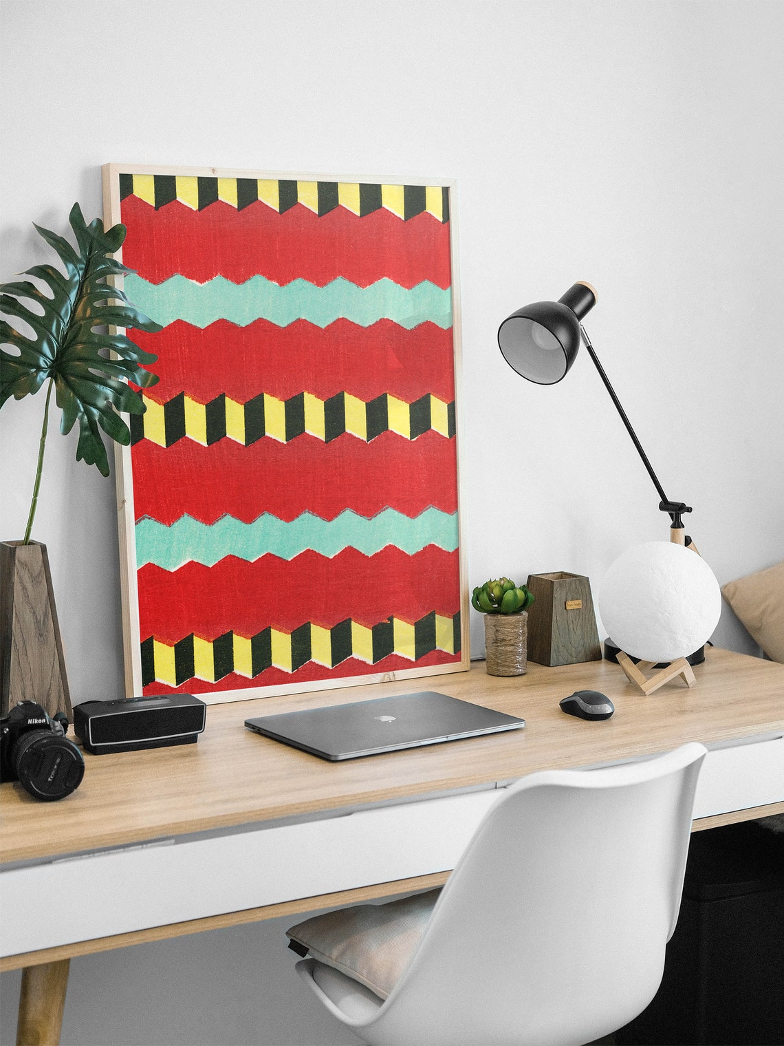 Japanese Woodblock Geometric Zigzag Pattern Red Teal Art Poster - Image 3