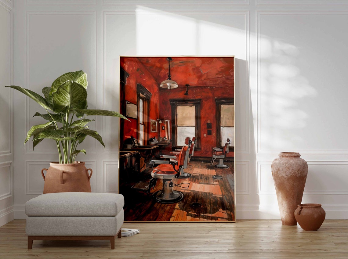 Vintage Barbershop Interior Red Chairs Retro Barber Shop Print - Image 3