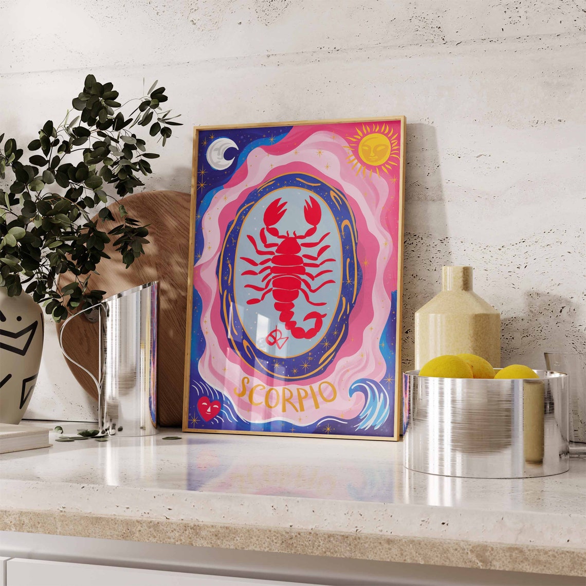 Scorpio Zodiac Scorpion Gold Letters Pink Blue Wave Art Poster - Image 3