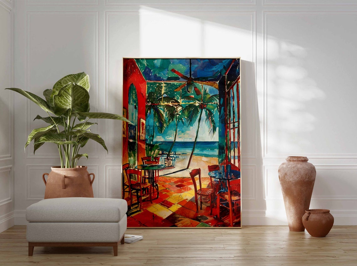 Red Tiled Beach Cafe Interior Ceiling Fan Palm Trees View Poster - Image 3