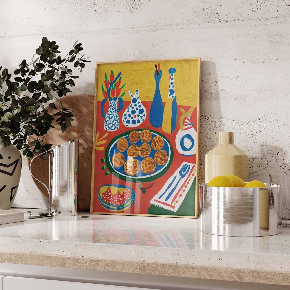 Red Dinner Table With Patterned Blue Vases Bold Still Life Poster - Image 2