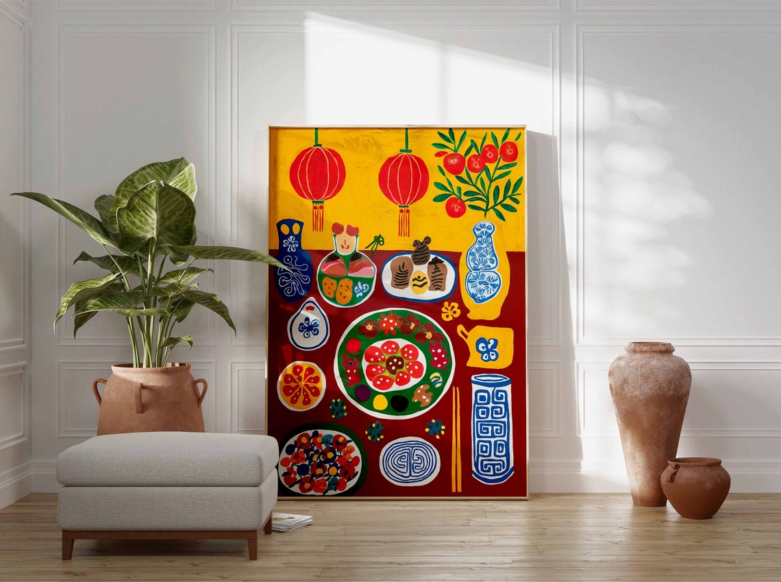 Lunar New Year Feast Folk Art Red Lantern Dim Sum Table Poster - Image 3