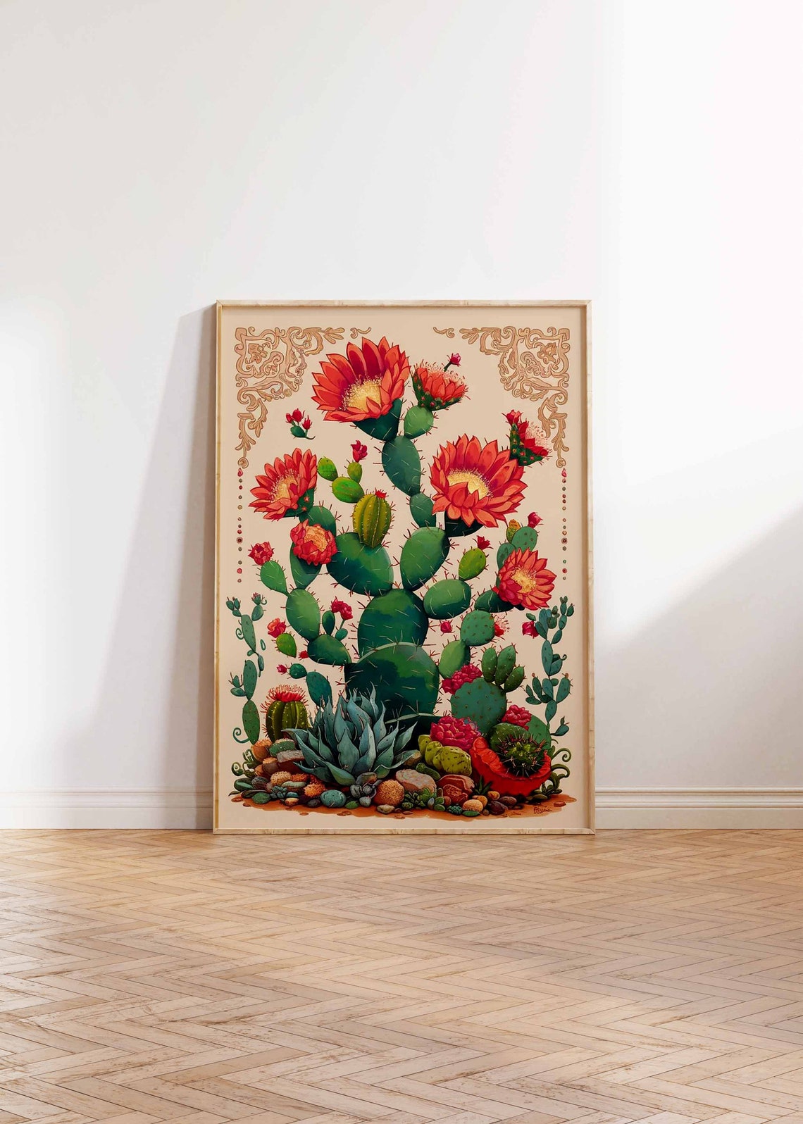 Opuntia Prickly Pear Red Blooms Agave Rocks Botanical Poster - Image 3