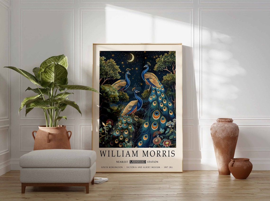 William Morris Three Peacocks Under Crescent Moon Night Poster - Image 3