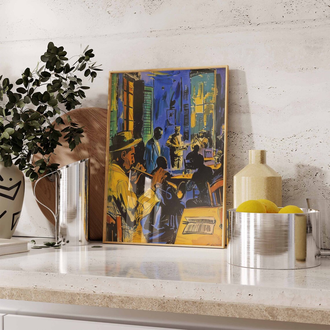 Jazz Musicians Blue Gold Nightclub Trumpet Scene Expressive Painting Poster - Image 2