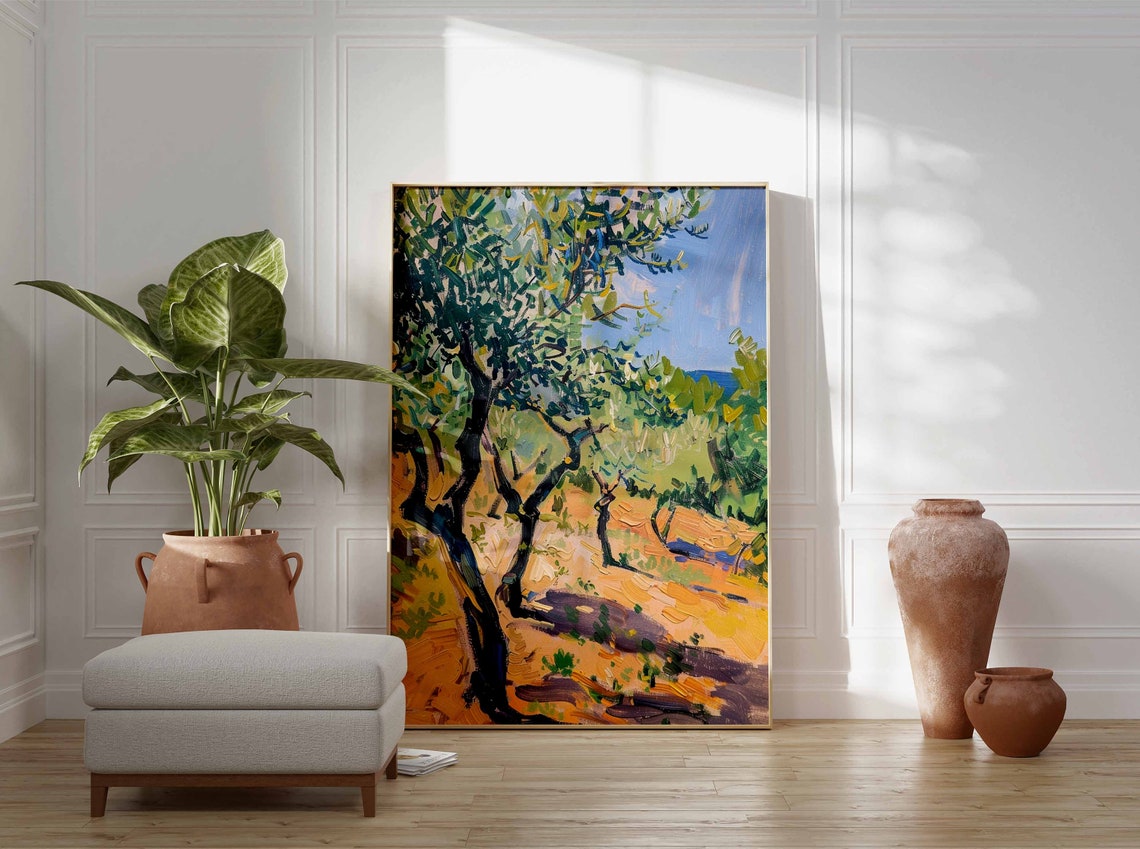 Olive Trees on Golden Hillside Blue Sky Oil Painting Art Print - Image 3