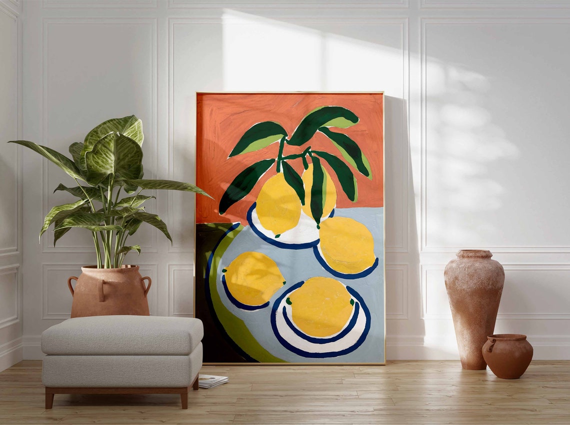 Retro Lemons on Plates Citrus Illustration Mid Century Kitchen Poster - Image 3