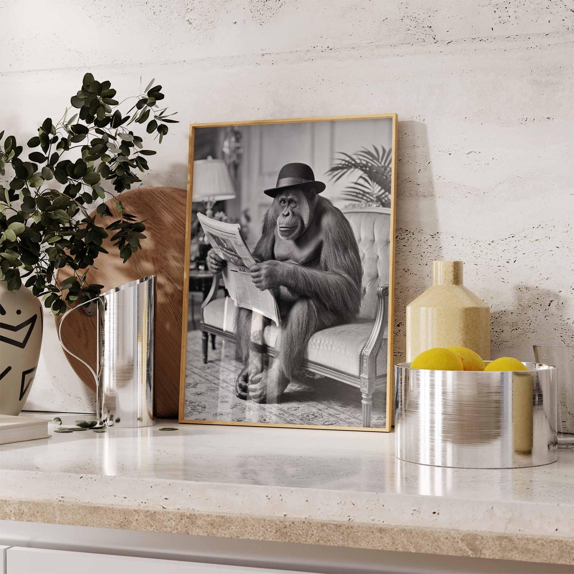 Orangutan in Bowler Hat Reading Newspaper Vintage Black White Poster - Image 2