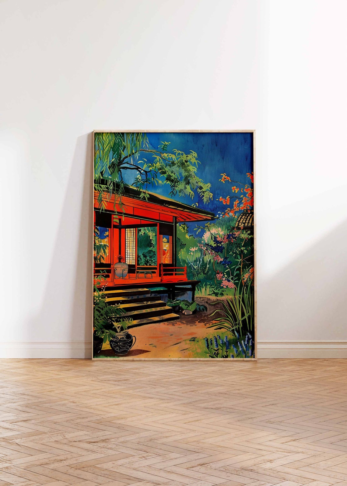 Red Japanese Teahouse At Dusk Garden Night Landscape Art Print - Image 2
