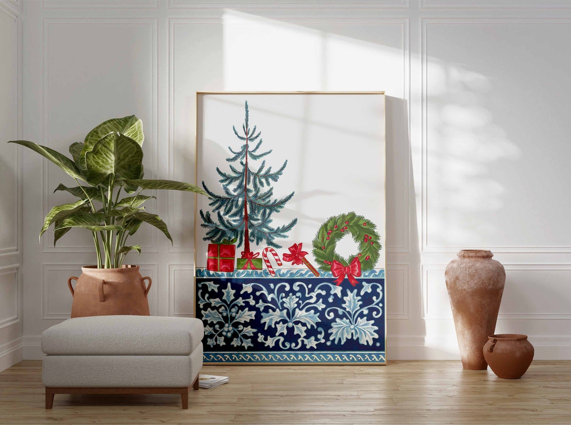 Blue White Christmas Tile Tree Wreath Chinoiserie Style Poster - Image 3