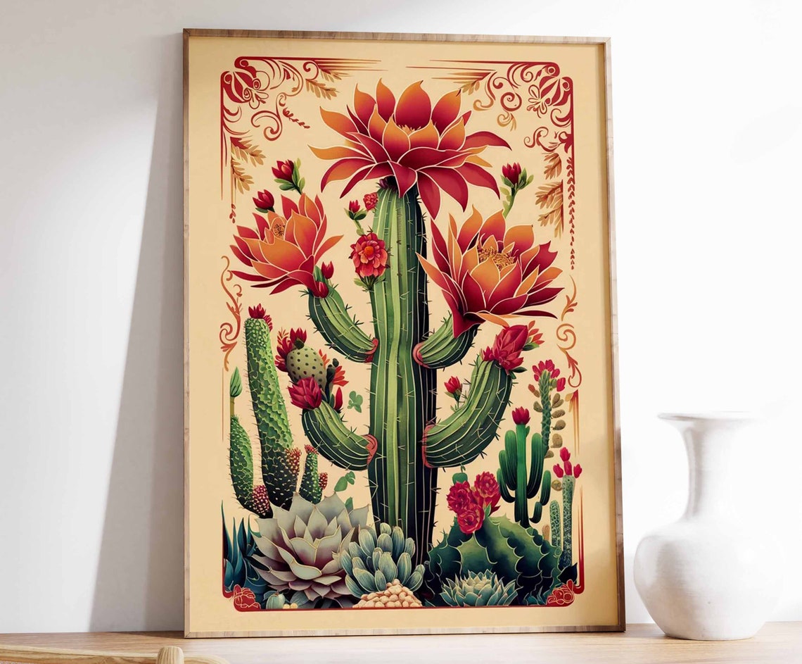 Columnar Cactus With Red Orange Flowers Botanical Art Poster Gift