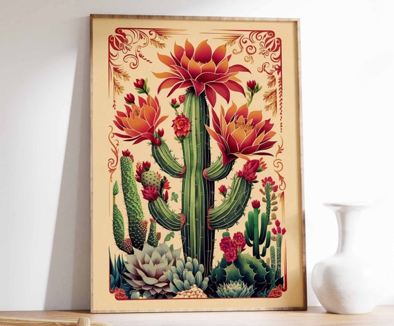 Columnar Cactus With Red Orange Flowers Botanical Art Poster Gift
