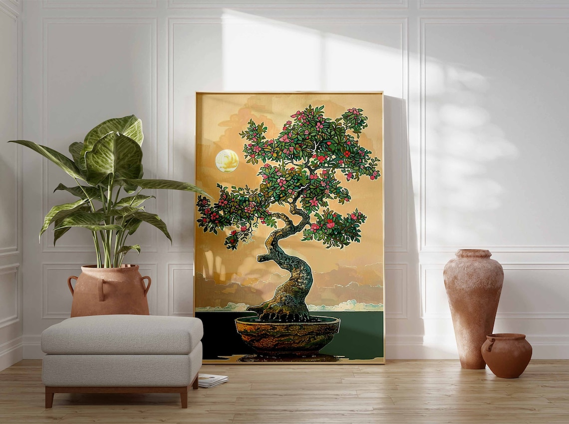 Japanese Bonsai Tree Pink Blossom Moonlit Sea Oriental Art Print - Image 2