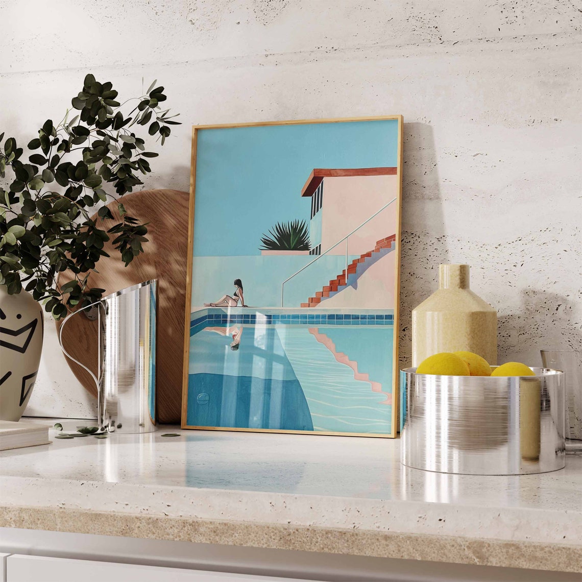 Woman Sitting Pool Edge Water Reflection Retro Summer Poster - Image 3