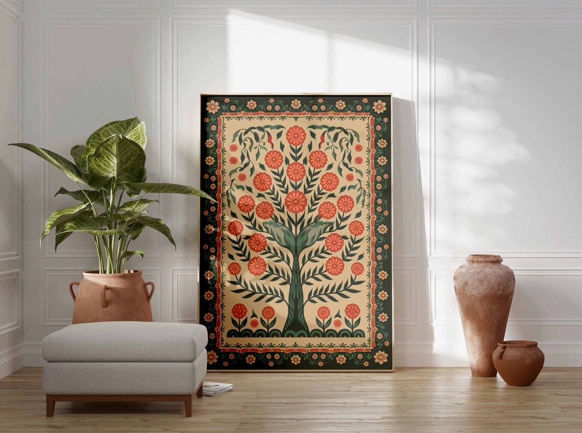 Burnt Orange Indian Tree of Life Leafy Green Border Poster Bloom Art - Image 2