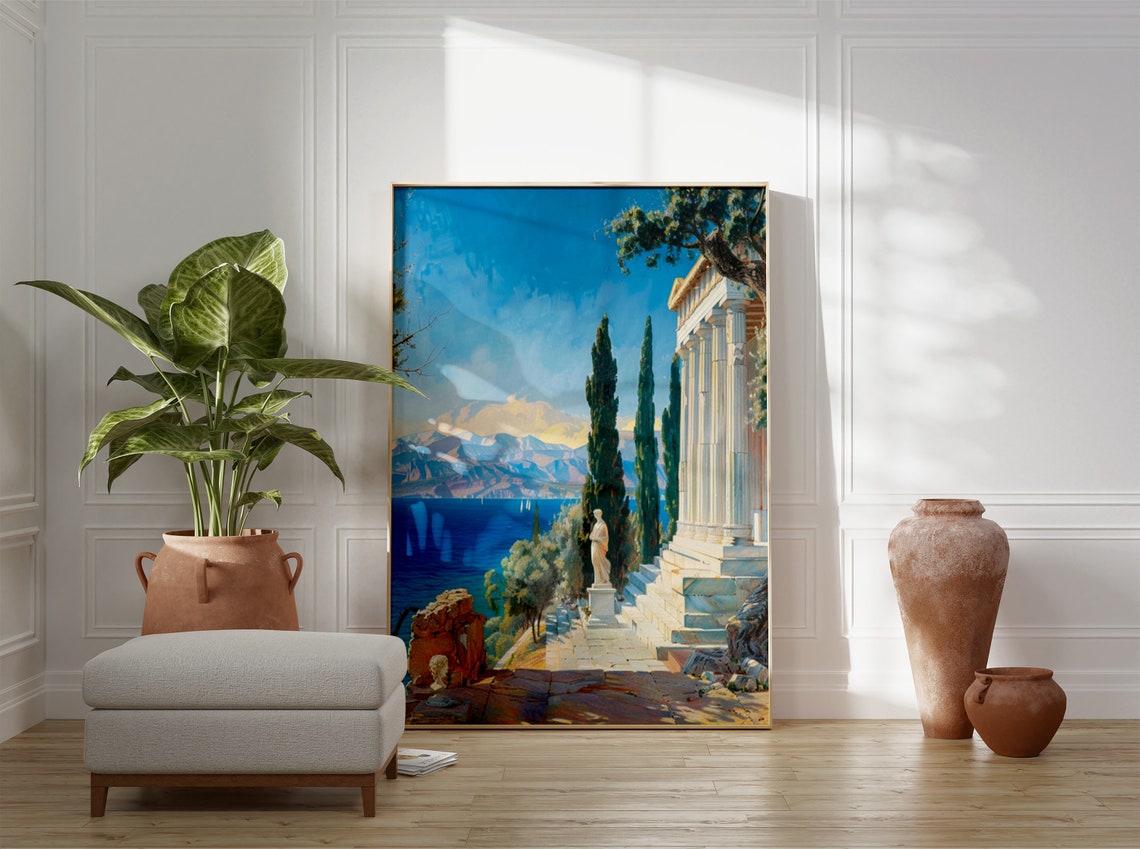 Classical Greek Temple by the Sea with Cypress Trees Art Poster - Image 3