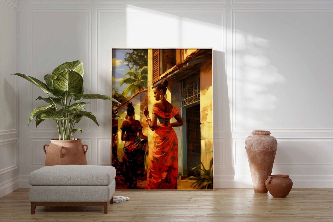 Caribbean Street Two Women Colorful Dresses Painting Travel Poster - Image 3