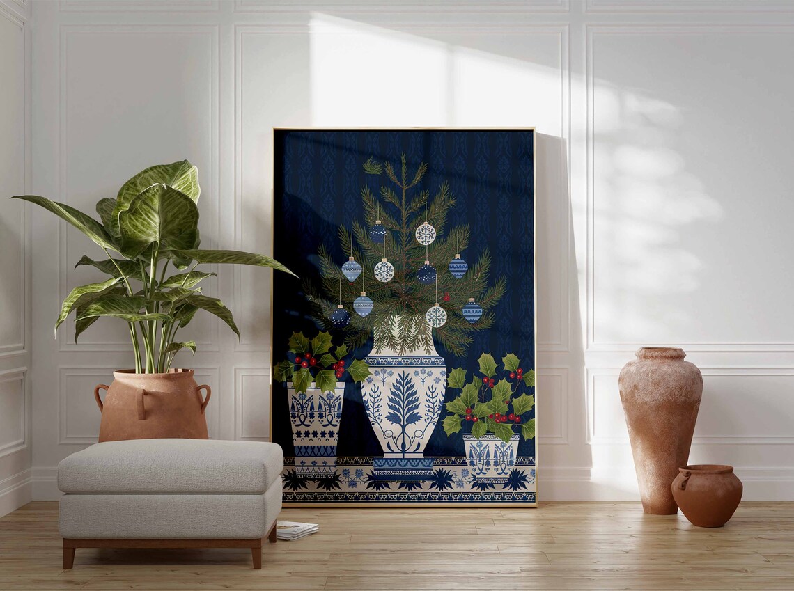 Blue And White Chinoiserie Christmas Tree Ornaments Art Poster - Image 3