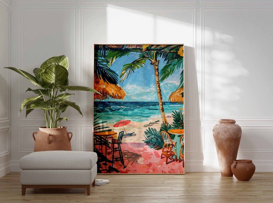 Beach Cafe Tables Under Palm Trees Red Umbrella Ocean Scene Poster - Image 3