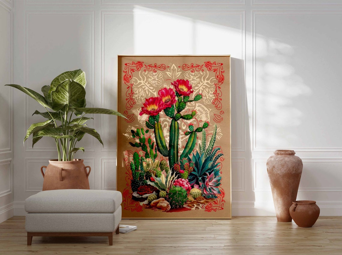Cactus Garden Blooming Red Flowers Vintage Botanical Art Poster - Image 2