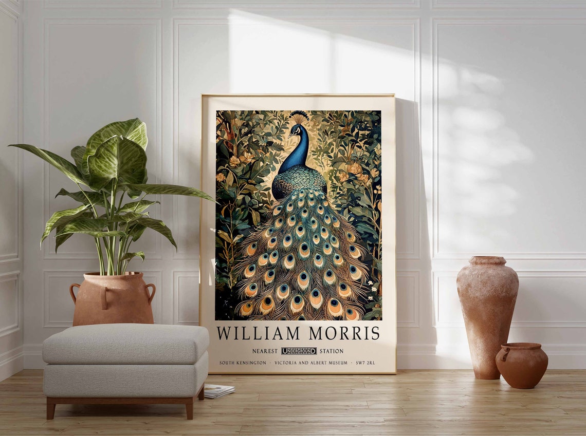 William Morris Peacock With Spread Tail Seen From Behind Poster - Image 3