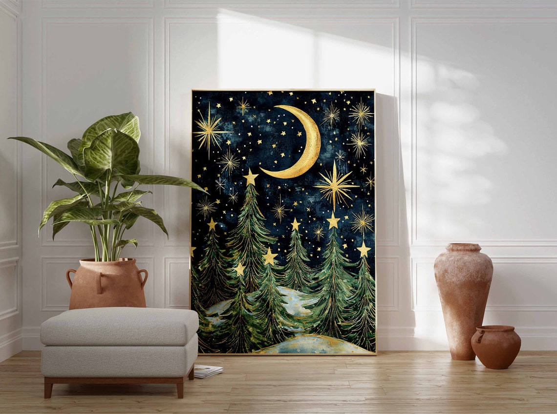 Christmas Winter Night Pine Trees Starry Sky Gold Moon Poster - Image 4